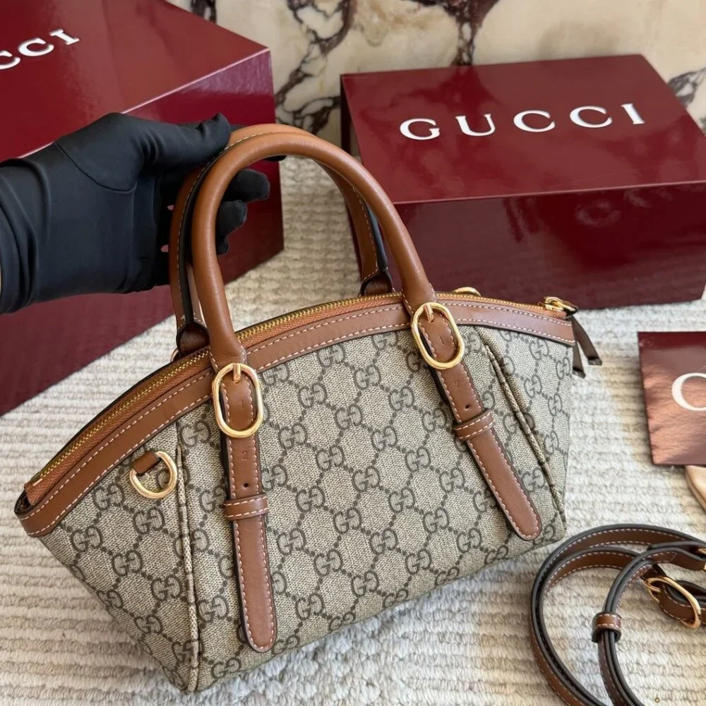 💖 GUCCI 💖 GG Canvas Mini Top Handle Bag Brown Leather Trim Gold Hardware - Picture 7 of 9